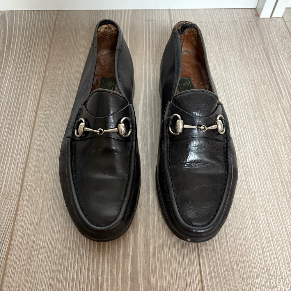 Vintage Gucci Black Leather Horsebit Slip-On Loafers